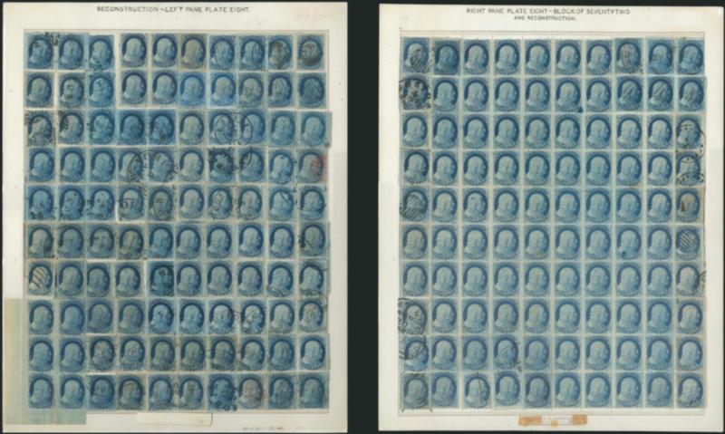 1c Blue, Ty. V (24).> Complete <reconstruction of left and right panes of Plate 8> lacking only Position 67L8 to be complete, left pane with 17 overlapping positions and also including unused block of six with
selvage at the bottom left corner of the
