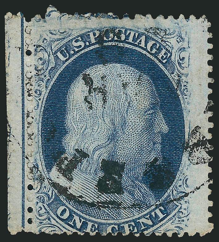 1c Blue, Ty. V (24).> Position 61R9 with <perforated straddle-pane margin and centerline,> wide margins at top and right, in at bottom, town cancel, tiny think speck and light internal paper wrinkle, appear
Fine, a rare example of a Plate 9 stamp wit