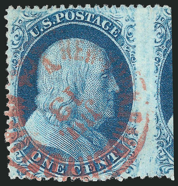 1c Blue, Ty. V (24).> Position 100L10, with <wide straddle-pane margin> at right and significant portion of Position 91R10, demonstrating the <lack of a centerline on Plate 10,> rich color, neat strike of <red
New York City carrier datestamp,> Very F