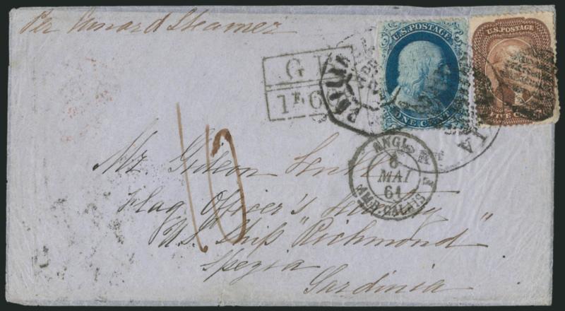 1c Blue, Ty. IIIa (22).> Plate 11, B Relief, used with <5c Brown (29),> both tied by grid cancels and Philadelphia Pa. Apr. 22 (1861) octagonal datestamp on blue tissue cover <to Spezia, Sardinia,> stamps also
tied by Philadelphia Br. Pkt. Apr. 22