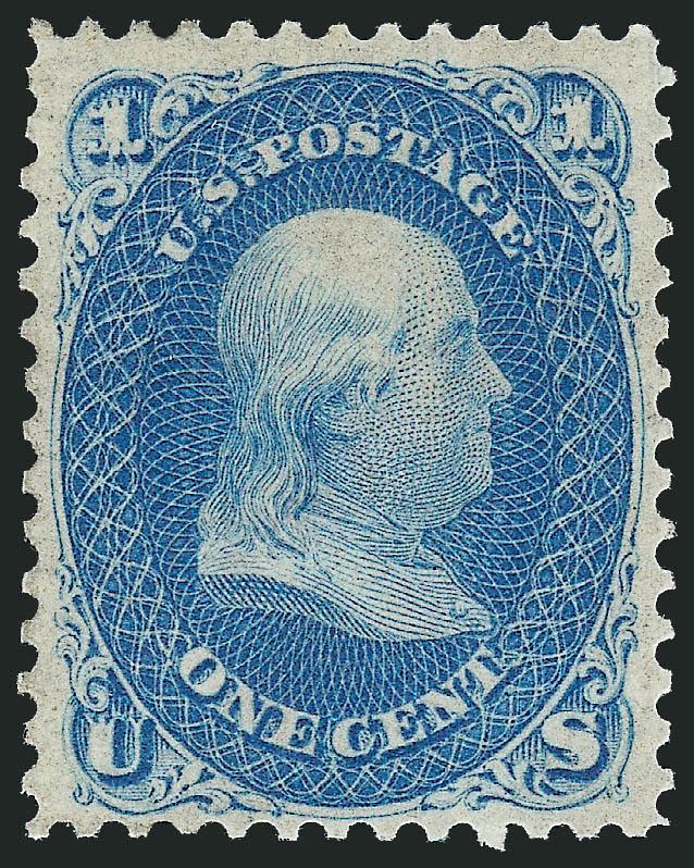 1c Blue (63).> Original gum, well-centered, fresh color, sharp impression, Very Fine and choice, with 2010 P.S.E. certificate as previously hinged, we fail to see a hinge mark and believe this stamp to most
likely be Mint N.H.