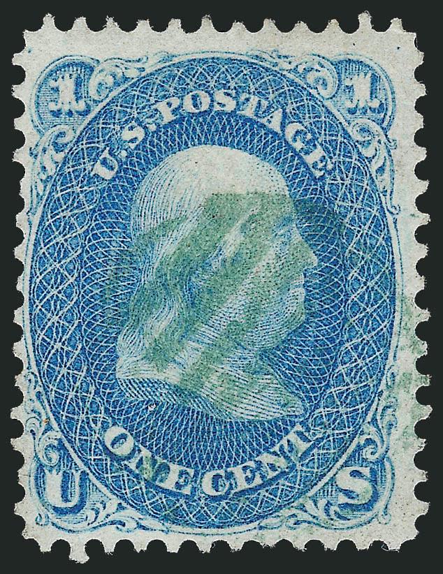 1c Blue (63).> Vibrant color nicely complemented by <green grid> cancel, fresh and Fine, scarce with the green grid cancel, with 1989 and 2010 P.F. certificates