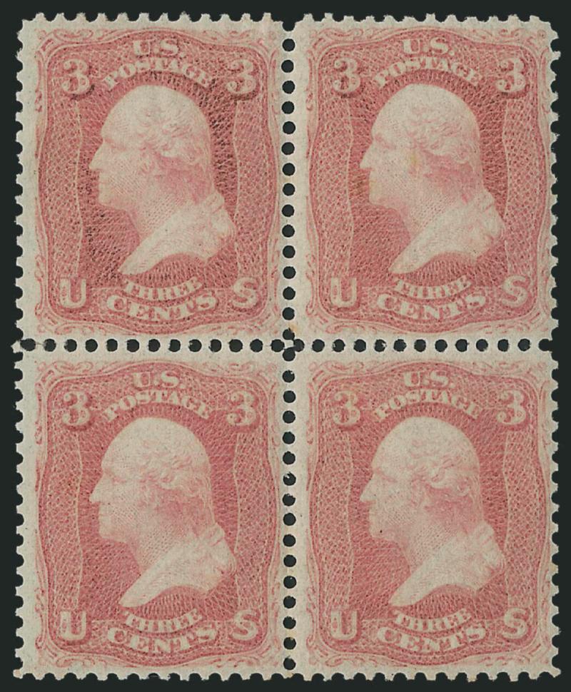 3c Rose (65).> Block of four, original gum, right pair Mint N.H., lovely color and attractively centered, bottom right stamp has small corner crease, otherwise Fine-Very Fine, with 2000 P.F. certificate, Scott
Retail as hinged block of four