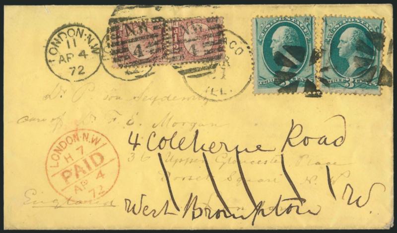3c Green (147).> Two, tied by circle of wedges cancel and Chicago Ill. Mar. 21 (1872) circular datestamp on yellow cover <to London, England, and forwarded to another street with pair of Great Britain 1870
-12p Rose Red> tied by London N.W. AP 4
