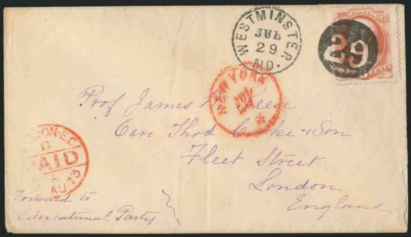 6c Dull Pink (159).> Tied by perfect bold strike of <Negative 29 in Circle Day of the Month> cancel with Westminster Md. Jul. 29 circular datestamp on cover <to London, England,> red New York and London Paid
datestamps, light vertical bend at c