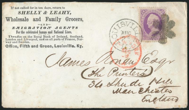 24c Purple (153).> Wide margins and exceptionally choice centering, vibrant color, tied by Louisville Ky. Aug. 25 (1871) duplex datestamp and flower petals cork cancel on grocers corner card cover <to
Manchester, England,> red New York Aug. 29