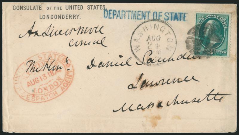 3c Green (158).> Tied by quartered cork cancel, Washington D.C. Aug. 24 6PM duplex datestamp on <Consulate of the United States Londonderry imprint cover from Ireland to Lawrence Mass.,> Eagle, Shield and E.
Pluribus Unum imprint on flap, signe